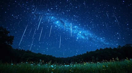 Wall Mural - meteor shower over night field, milky way, nature, astronomy wallpaper