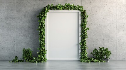 Poster - White frame with green leaves displayed on a textured concrete wall background