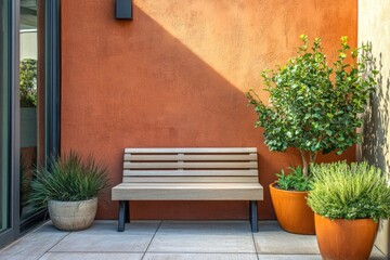 Poster - A simple and cozy scene featuring a wooden bench sitting next to a potted plant, perfect for use in home decor or design concepts