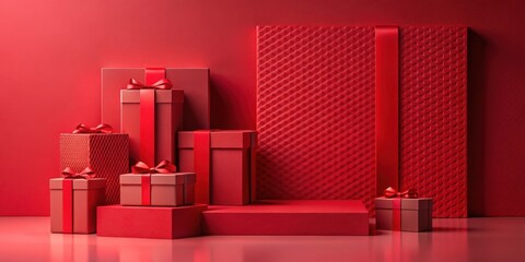 Wall Mural - Red gift boxes arranged on red platforms and textured background