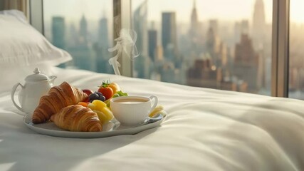 Poster - Steaming coffee, fresh croissants, and colorful fruits compose a delightful breakfast tray on a comfortable bed, overlooking a breathtaking cityscape at sunrise in slow motion