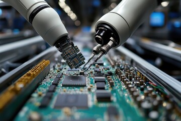 Poster - A close-up shot of a machine working on a circuit board, suitable for tech-related projects or illustrations