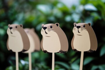 Poster - A group of paper animals perched on top of a wooden stick, ideal for use in educational or creative projects