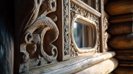 Aufkleber - A close-up shot of a wooden wall with a reflective mirror