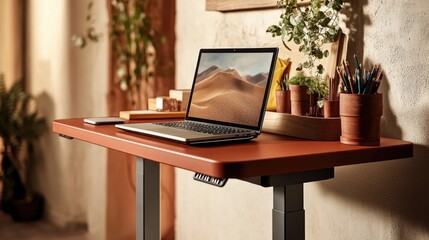 Poster - A laptop computer sits atop a wooden desk, perfect for working or studying