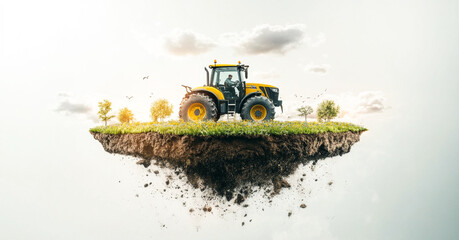Poster - Innovative farming practices are showcased with a tractor operating on a vibrant, levitating field.