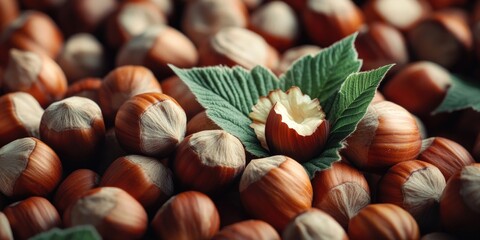Poster - A close-up photo of a bunch of nuts accompanied by a leaf, ideal for use in food or nature-related contexts
