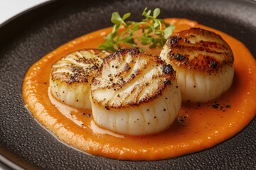 Poster - Fresh scallops served with tangy sauce and decorative garnish, perfect for fine dining or food photography