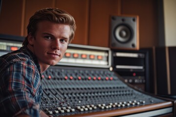 Poster - A man sits in front of a mixing desk, focused on his music production project