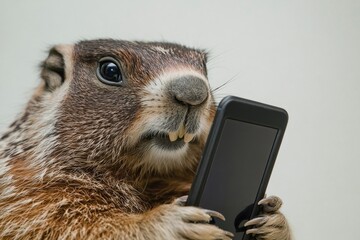 Wall Mural - A close-up view of a groundhog holding a cell phone, a unique and playful scene