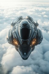 Poster - A military aircraft soaring through the sky, clouds below