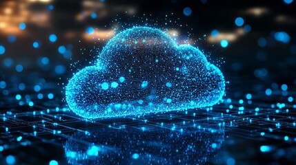 Poster - A vibrant, glowing cloud made of sparkling blue particles hovers above a digital landscape. The backdrop is filled with soft lights and lines, creating a technological ambience