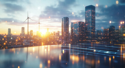 Poster - As the sun sets, the urban skyline glimmers with skyscrapers while wind turbines spin in the background. The scene highlights renewable energy intersecting with modern city life.