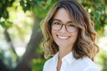 Poster - A woman wearing glasses and a white shirt, suitable for use in educational or office settings