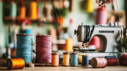 Poster - A close-up view of a sewing machine with multiple spools of thread on a table, ready for use