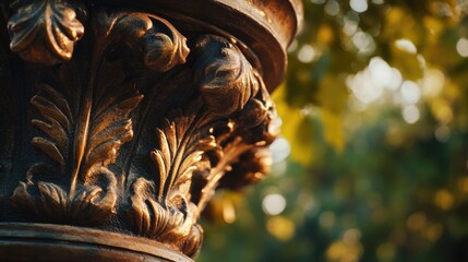 Poster - A close-up shot of a wooden pillar with a tree standing tall in the background