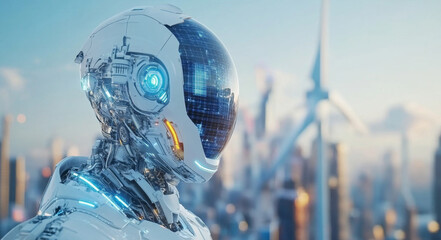 Poster - A sleek robot stands in a vibrant cityscape filled with wind turbines and solar panels. The sun shines brightly, highlighting renewable energy solutions visible in the urban environment.