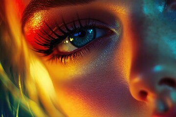 Aufkleber - Close-up portrait of a woman's eye featuring vibrant, colorful makeup