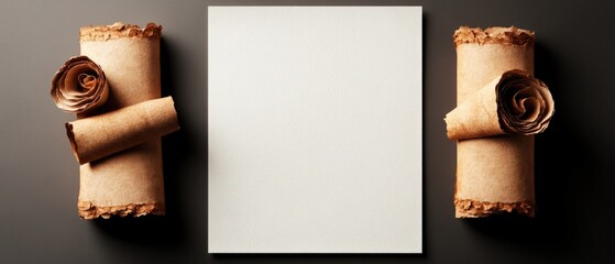 Poster - Blank white paper with a rolled-up piece of paper resting on a wooden table background
