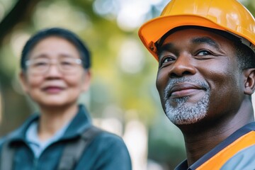 Poster - A construction worker wearing a hard hat stands next to a woman, possibly a project manager or architect