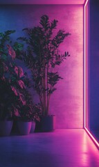 Poster - Neon Lit Interior with Plants: A Modern Aesthetic with Vibrant Lighting and Natural Elements