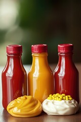 Wall Mural - A table set with three bottles of condiments for use in various settings