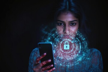 Poster - A woman holds a smartphone with a padlock icon, suitable for use in concepts about security, technology, or everyday life