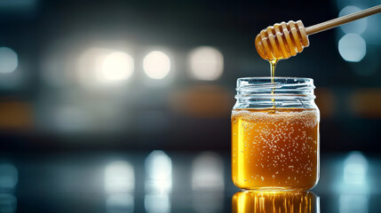Aufkleber - A wooden dipper lifts golden honey from a jar, allowing it to drip slowly back inside. The softly glowing background enhances the organic essence of beekeeping and the sweetness of honey.