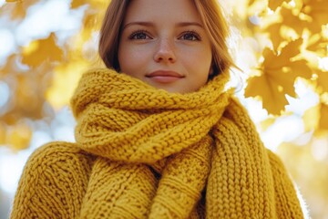 Poster - A woman wears a bright yellow scarf while standing in front of a tree, possibly on a nature walk or hike