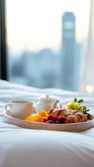 Poster - Slow motion footage revealing luxurious hotel breakfast tray with fresh croissants, fruit, and tea served on comfortable bed beside expansive cityscape window