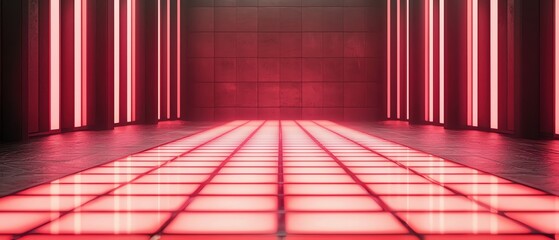 Poster - futuristic interior with vibrant red lighting and geometric patterns on the floor.