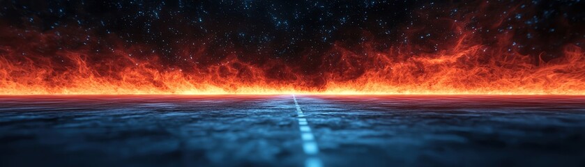 Poster - futuristic landscape featuring vivid colors and a mystical fiery horizon.