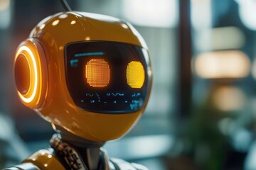 Poster - A close-up view of a robot's head with glowing eyes, suitable for futuristic or sci-fi themed projects