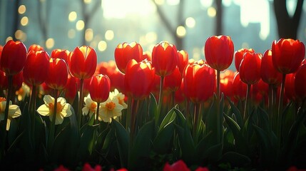 Wall Mural - Red Tulips and Yellow Daffodils in Sunlight