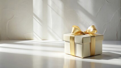 Wall Mural - Elegant cream gift box with a golden ribbon, bathed in sunlight