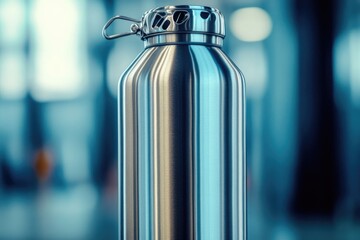 Poster - A stainless steel water bottle placed on a table, ready for use