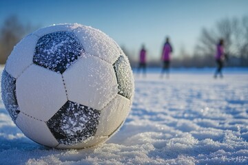 Poster - A soccer ball lying on a snowy field, great for winter sports or cold weather scenes