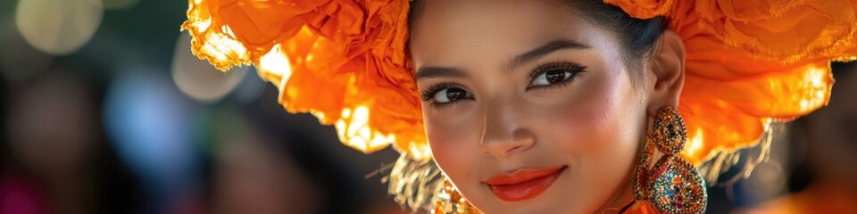 Aufkleber - A woman wearing a bright orange hat, great for illustration or photography