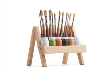 Aufkleber - A wooden easel set up with paint and various brushes, ready for artistic use