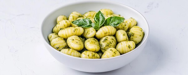 Wall Mural - A bowl of gnocchi with pesto, soft texture food, minimalistic design, vibrant green focus, isolated on white background