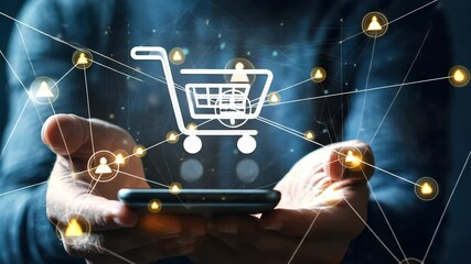 Poster - Digital shopping evolution: futuristic holographic cart technology in motion