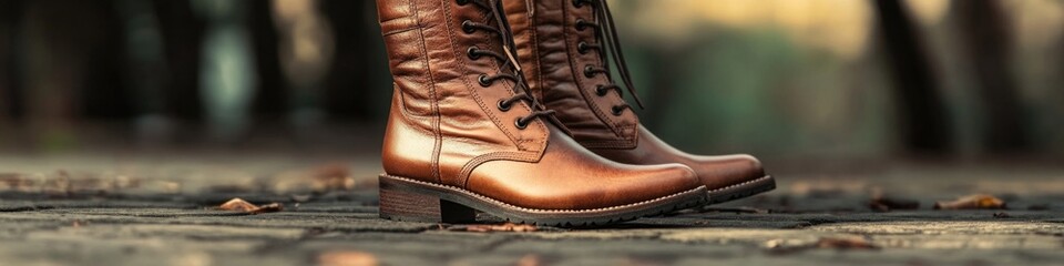 Poster - Close-up shot of a pair of brown boots with intricate details and texture