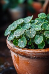 Poster - A close-up shot of a potted plant with water droplets on its leaves, ideal for use in interior design, gardening, or still life photography