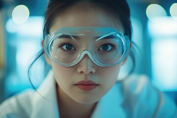 Poster - Scientist in lab attire examines something on camera