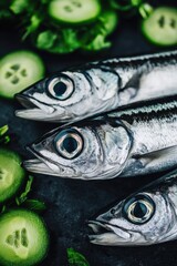 Poster - Two fish swimming next to cucumbers, great for food or market illustration