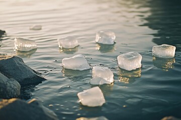 Poster - A group of ice cubes floating on the surface of a body of water, perhaps in a glass or a container