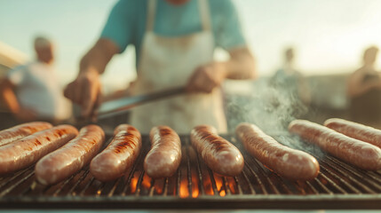 Grill master cooks sausages at an outdoor barbecue in the warm evening light during a summer gathering with friends. Generative AI