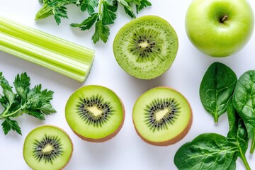 Poster - Variety of fruits and vegetables arranged on a white surface