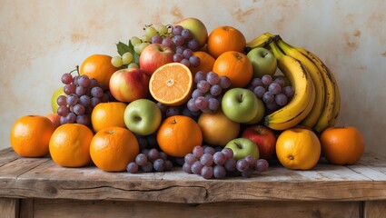 Poster - fresh assortment of vibrant fruits displayed on rustic wooden table in a warm setting