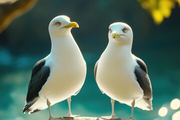 Poster - Two seagulls standing on a rock near the ocean or lake, great for coastal or nature-inspired designs